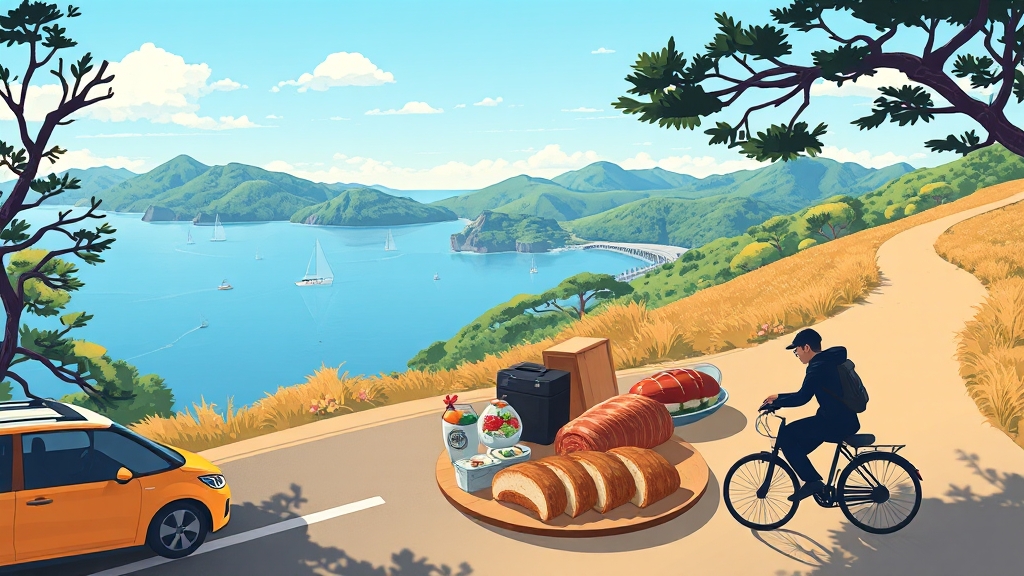 대마도 현지 교통 및 관광 명소 (illustration 스타일)