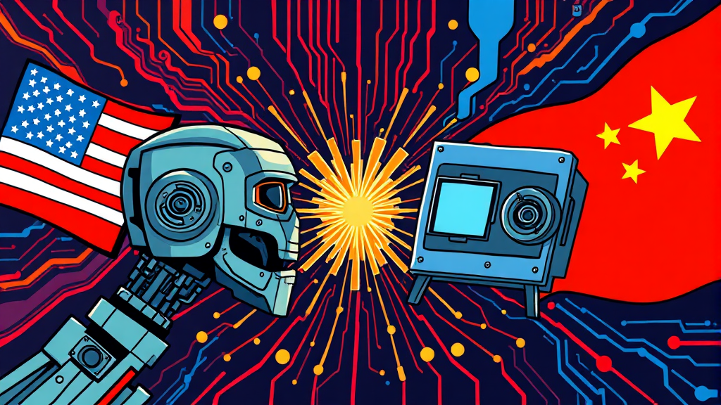 미중 AI 반도체 기술 패권 경쟁 심화 (cartoon 스타일)