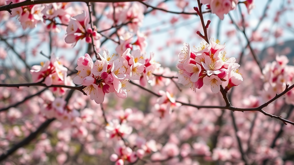 진주 매화숲의 다채로운 매화 품종과 꽃말 (realistic 스타일)