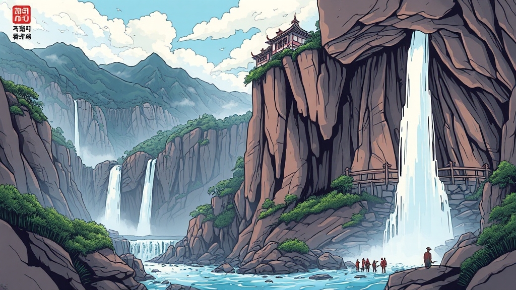 숨겨진 비경: 용연폭포, 주왕암, 주왕굴 (cartoon 스타일)