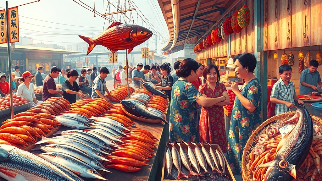 자갈치시장: 해산물 천국 (illustration 스타일)