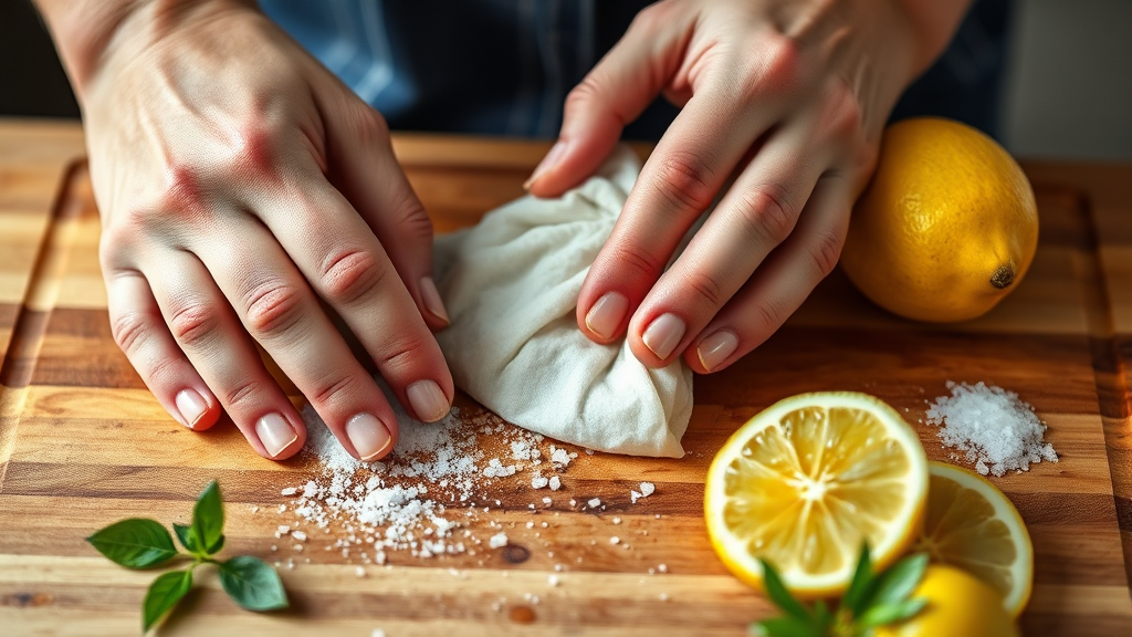 천연 재료로 나무 도마 살균하는 똑똑한 방법 (realistic 스타일)