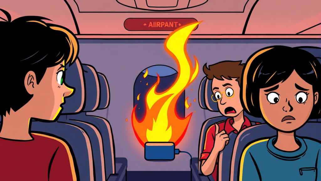 기내 보조배터리 사용 금지 이유 (cartoon 스타일)