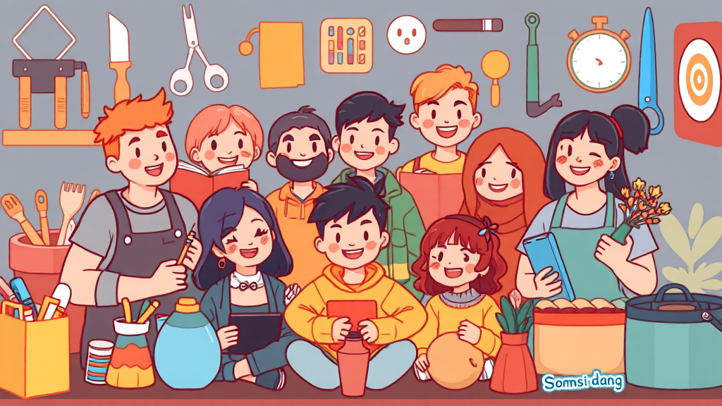 취미 모임 참여의 장점 (cartoon 스타일)