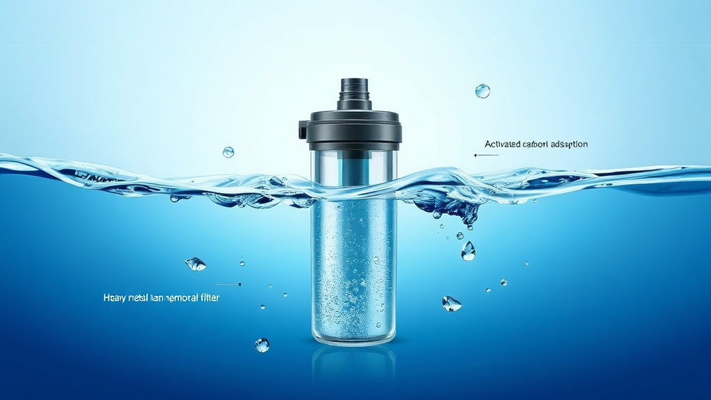 중금속 제거 필터 작동 원리 (illustration 스타일)