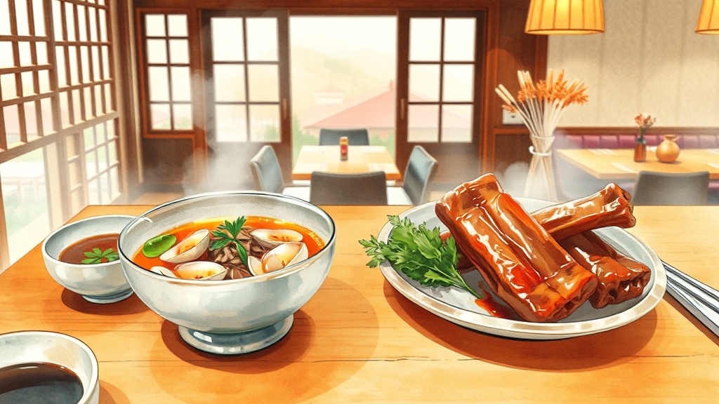 화순 향토 음식 맛집: 재첩국, 떡갈비 (illustration 스타일)