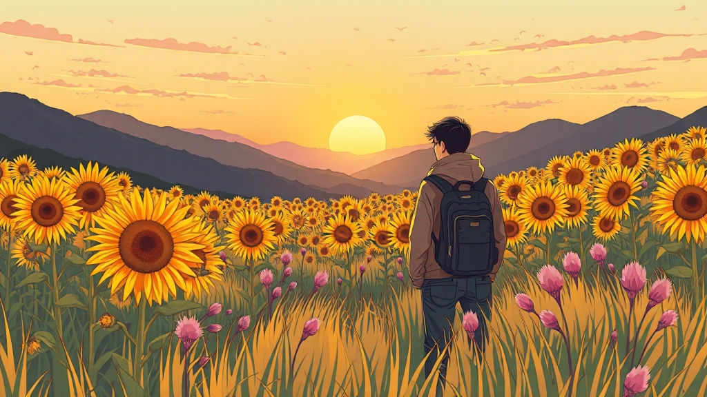 첨성대 해바라기 개화 시기 및 현황 (cartoon 스타일)