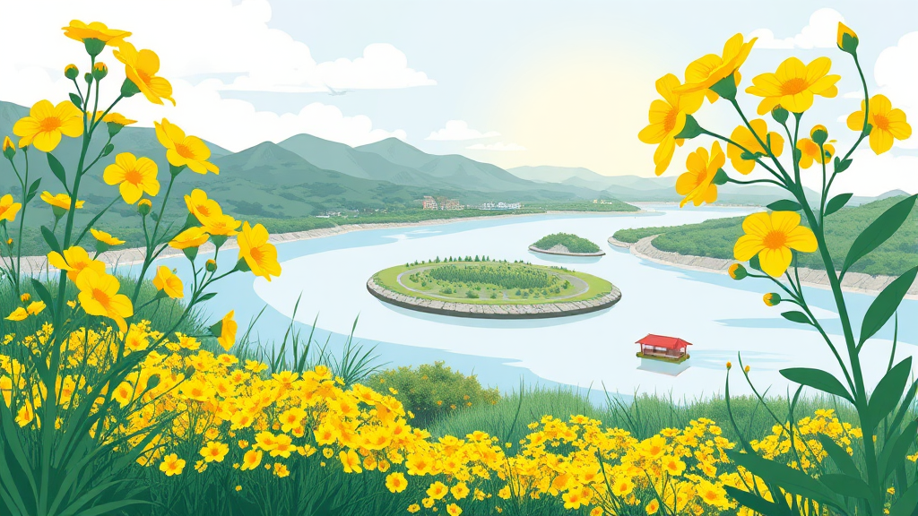 유채꽃 너머의 풍경: 영산강 국가 생태 정원과 동섬 (illustration 스타일)