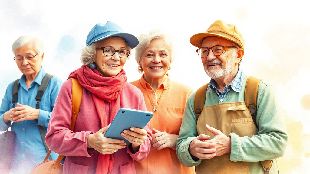 다양한 노인일자리 유형과 활동 내용 (watercolor 스타일)