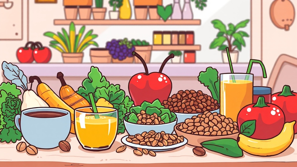 건강한 간식 및 음료 선택 (cartoon 스타일)