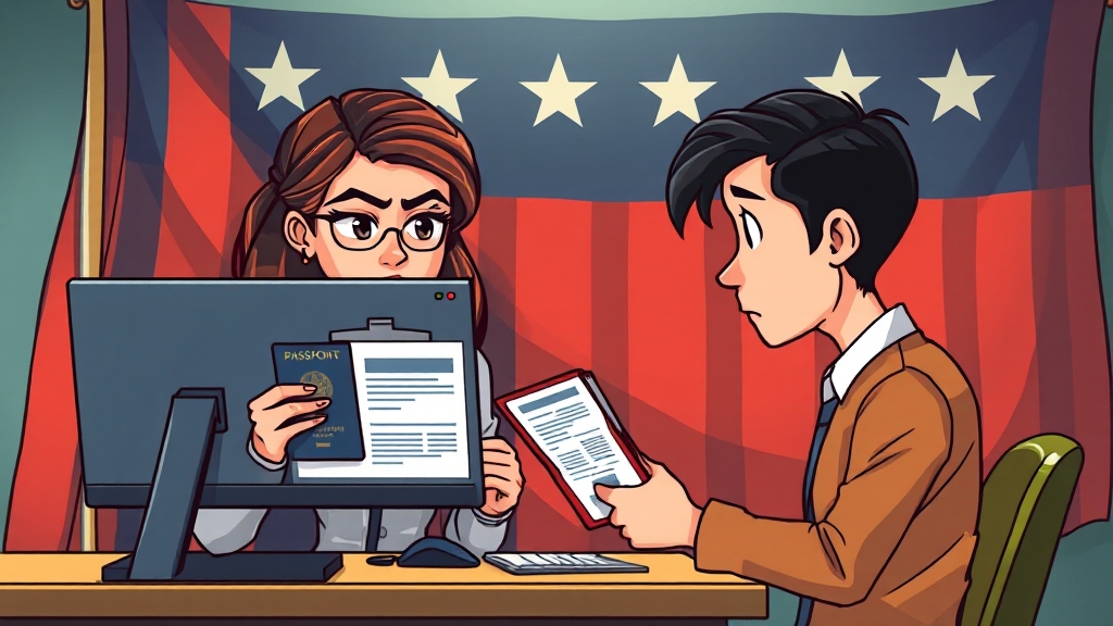 비자 인터뷰 준비 및 SNS 관리 (cartoon 스타일)