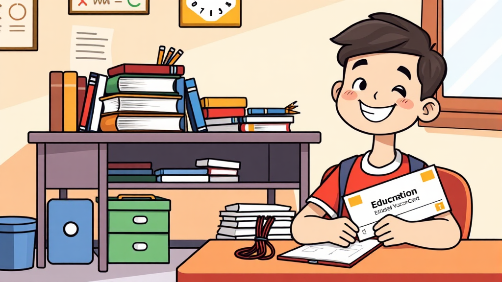 교육급여 바우처 신청 및 사용처 (cartoon 스타일)