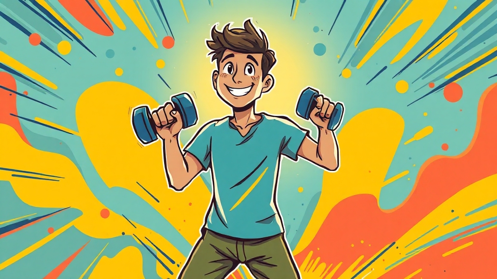 아령 운동과 건강: 혈당 관리 및 자신감 향상 (cartoon 스타일)