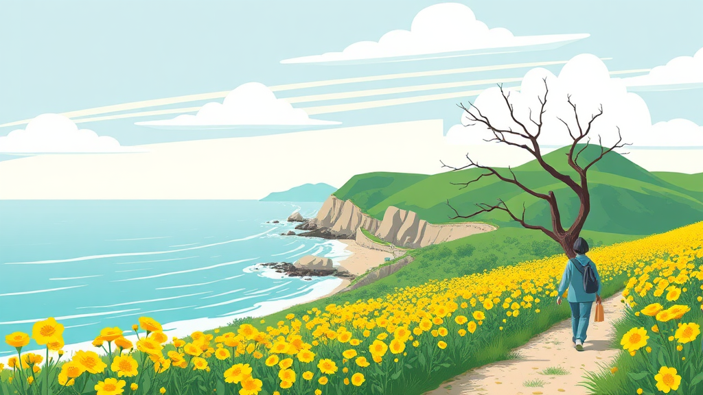 제주 북쪽: 함덕 해수욕장과 서우봉의 봄바람 (cartoon 스타일)