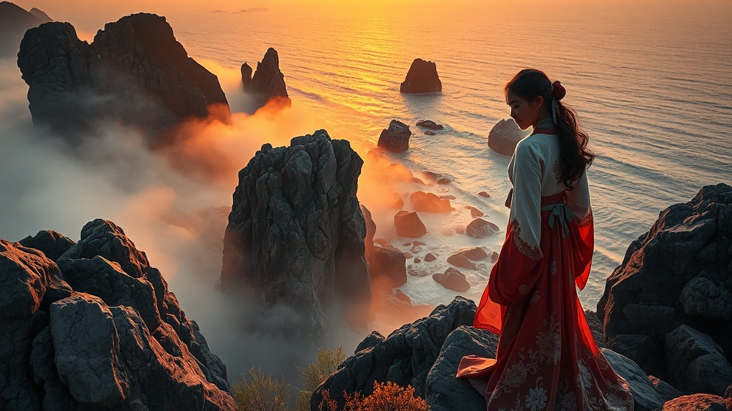 대왕암공원, 전설이 깃든 해안 절경 (realistic 스타일)