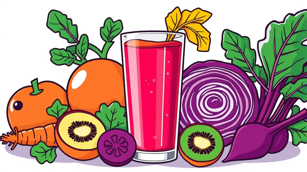 해독 주스 레시피 재료별 효능 및 영양 성분 (cartoon 스타일)