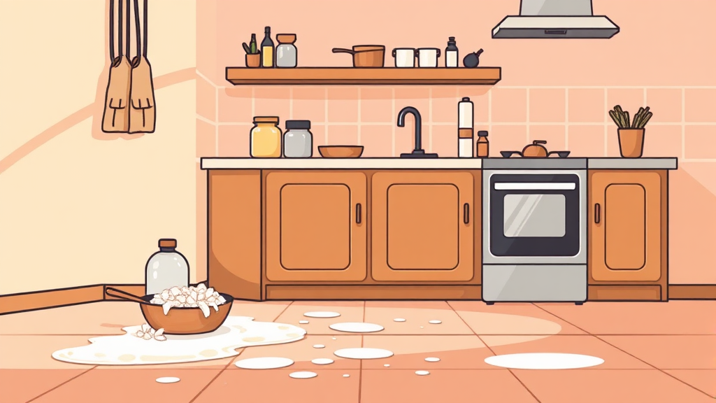 주방 바닥 기름때, 쌀뜨물로 해결하는 법 (illustration 스타일)