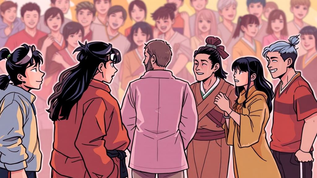 복잡한 인물 관계도 분석 (cartoon 스타일)
