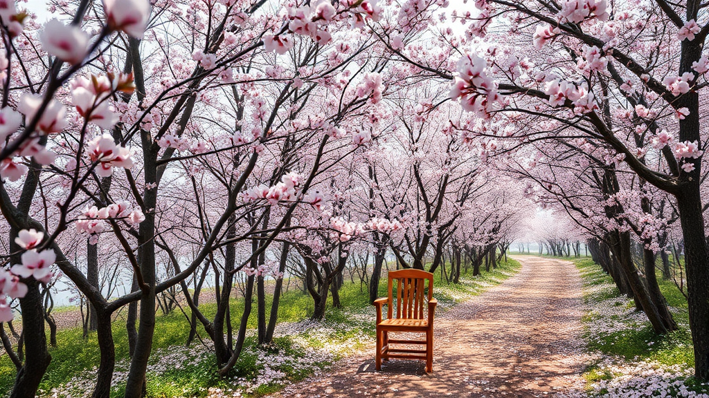 동화 같은 매화꽃길, 진주 매화숲의 숨겨진 포토존 (realistic 스타일)