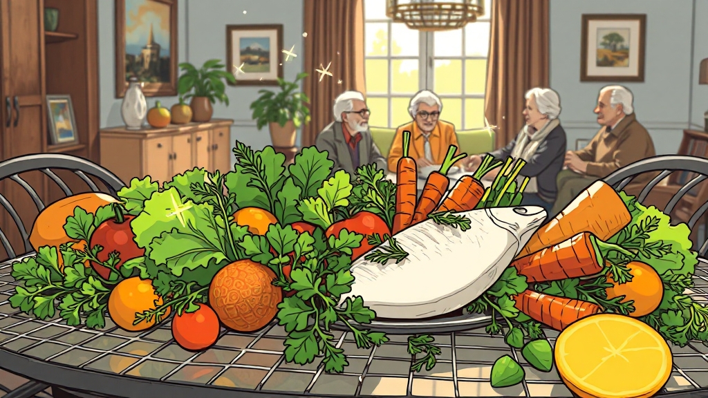 노화 방지를 위한 식단 관리 (cartoon 스타일)