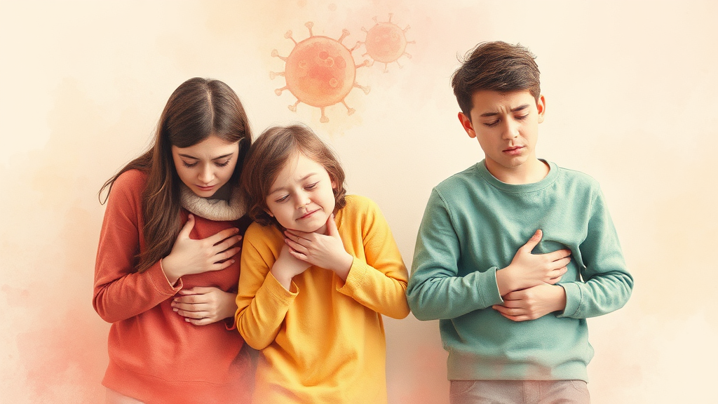 주요 증상: 배 아픔, 설사, 구토 (watercolor 스타일)