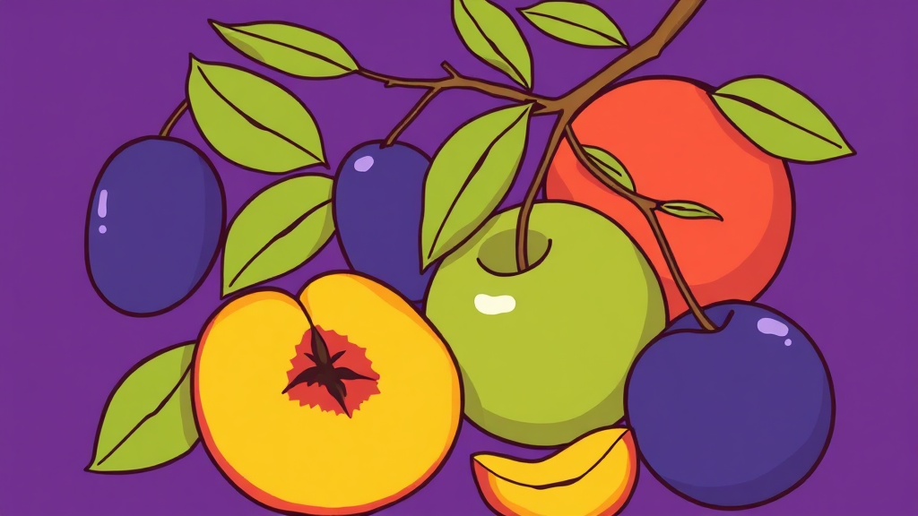 푸룬, 복숭아, 매실: 변비와 설사 완화에 탁월한 효과 (illustration 스타일)