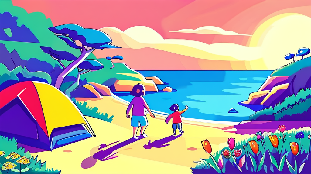 우전 해수욕장: 넓고 깨끗한 바다와 가족 나들이 (cartoon 스타일)