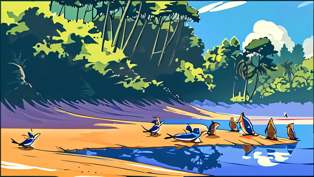 짱뚱어 해수욕장: 갯벌 생태와 이국적 분위기 (cartoon 스타일)