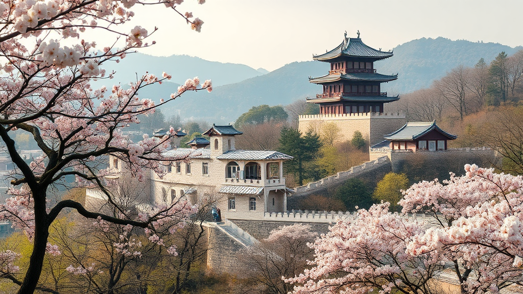 매화꽃과 함께 즐기는 진주 주변 명소 (realistic 스타일)