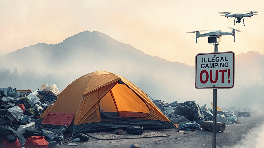 불법 캠핑, 처벌은 어떻게? (watercolor 스타일)
