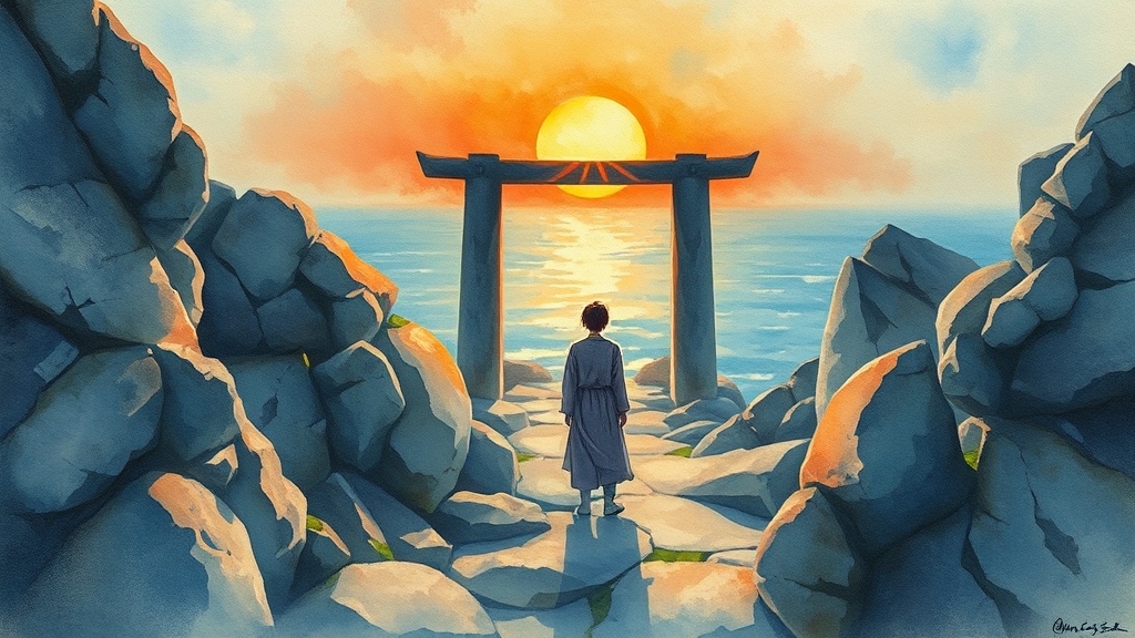 대왕암공원: 전설과 자연이 함께하는 곳 (watercolor 스타일)
