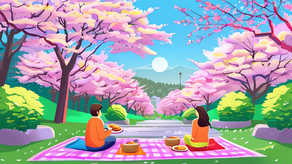 렛츠런파크 서울: 넓고 쾌적한 벚꽃 명소 (cartoon 스타일)