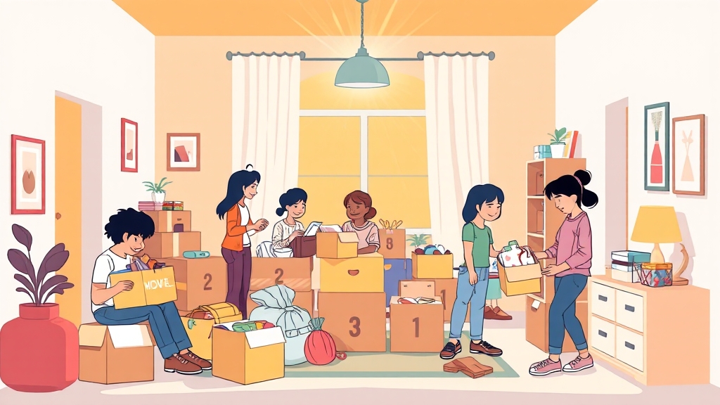 짐 정리 및 처분 (cartoon 스타일)