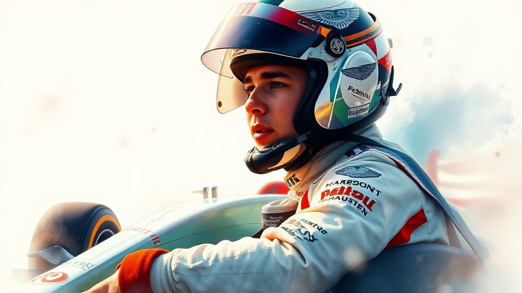 아스톤 마틴과의 관계: F1 데뷔의 청신호 (watercolor 스타일)