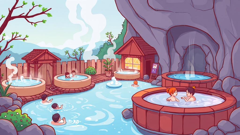 온천 시설: 다양한 탕 종류 (cartoon 스타일)