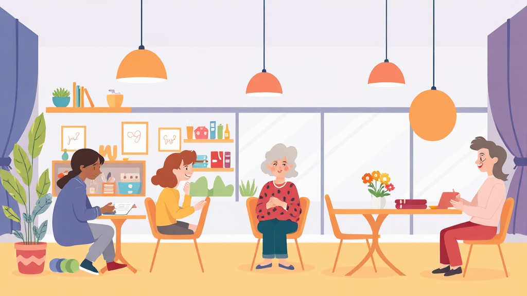 커뮤니티 활동 및 부대 서비스 (illustration 스타일)