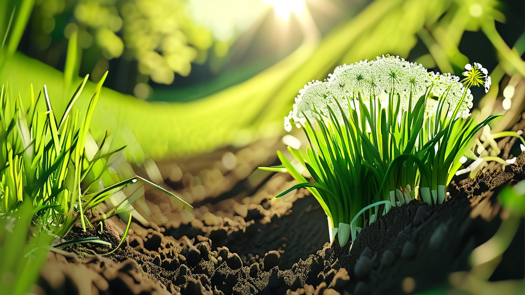 달래 파종 방법 및 간격 조절 (realistic 스타일)