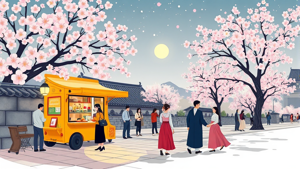 대릉원 돌담길 벚꽃 축제 방문 팁: 주차, 교통, 편의시설 (illustration 스타일)