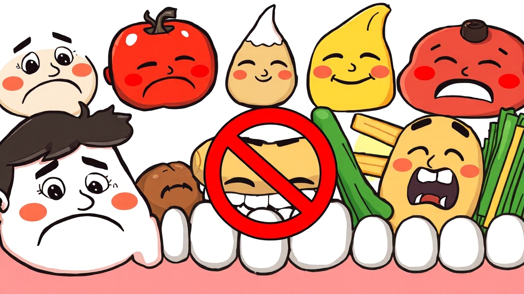 발치 후 피해야 할 음식 (cartoon 스타일)