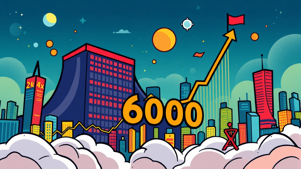 코스피 6000 시대, 기회와 리스크 관리 (cartoon 스타일)