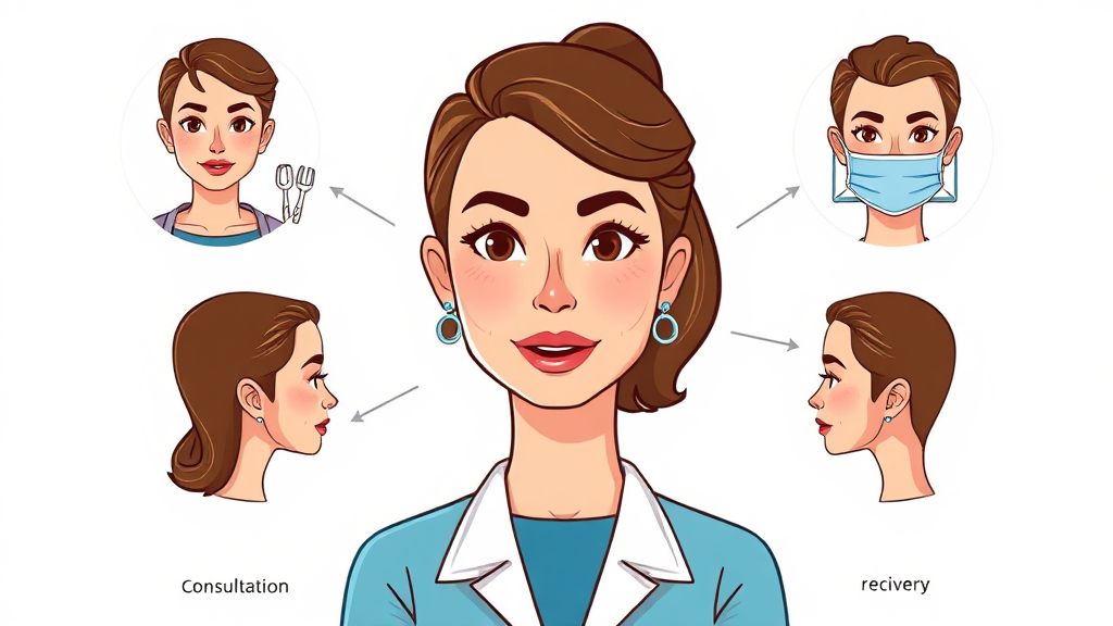 안면거상 수술 과정, 상담부터 회복까지 (cartoon 스타일)