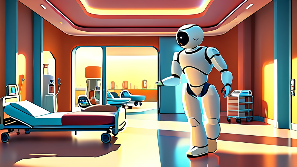 미래 병원의 변화 예측: 로봇과 함께하는 의료 현장 (cartoon 스타일)