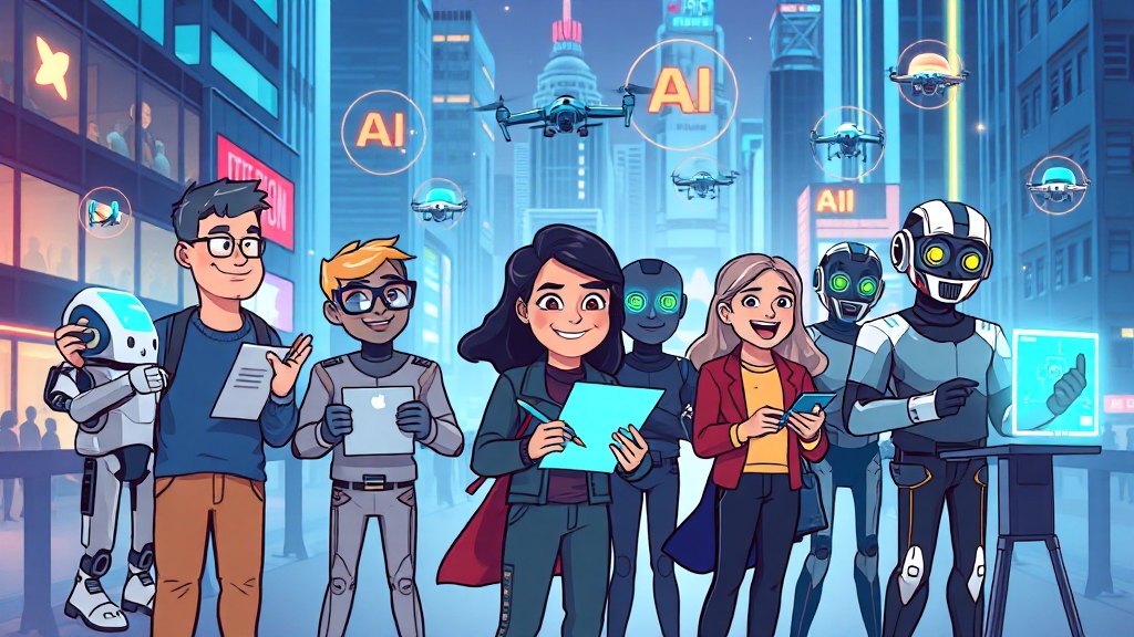 AI 산업, 직업 변화와 윤리적 고려사항 (cartoon 스타일)