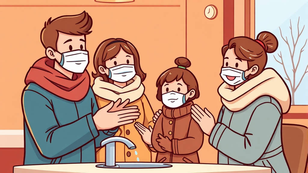 독감 예방 및 관리: 백신, 생활 습관 (cartoon 스타일)