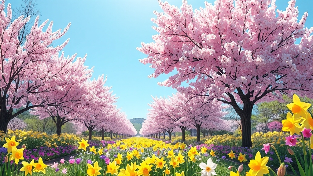 지금 수목원의 봄꽃 개화 현황 (illustration 스타일)