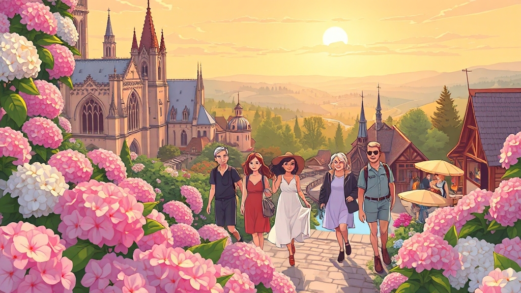 2025년 6월 수국 축제 베스트 명소와 체험 프로그램 총정리 7 수국 축제 주변 연계 관광지 (cartoon 스타일)