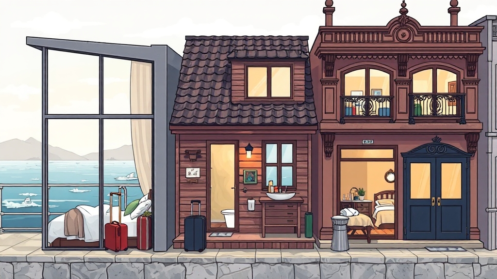목포 숙소 종류별 특징 비교 (illustration 스타일)