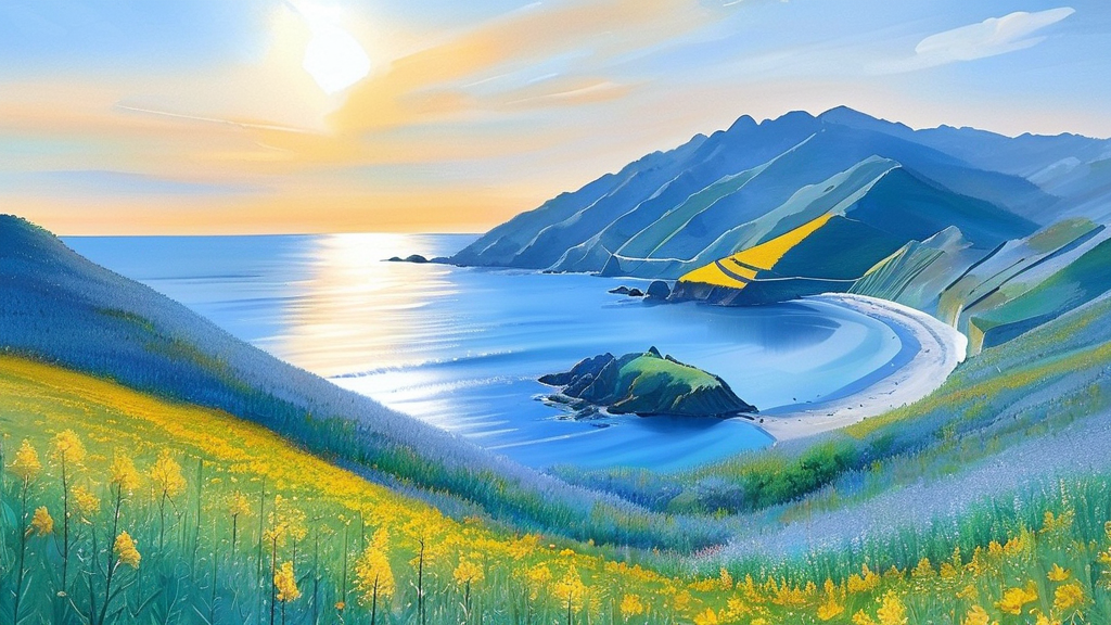 포항 호미곶: 동해 바다와 유채꽃의 만남 (watercolor 스타일)