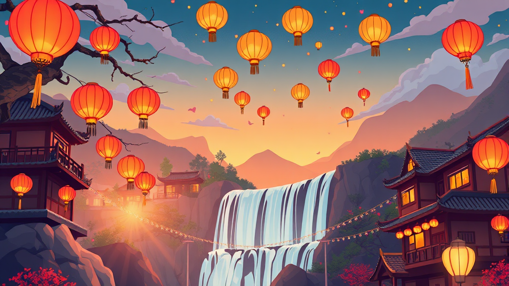 스펀: 천등 날리기와 폭포의 낭만 (cartoon 스타일)