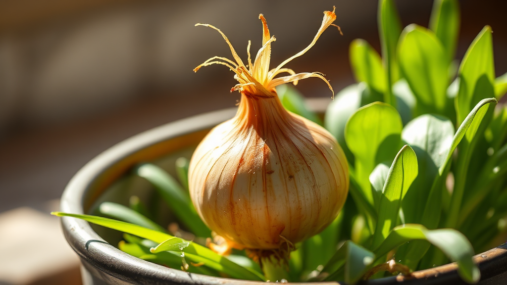 싹 난 양파, 버리지 마세요! (realistic 스타일)